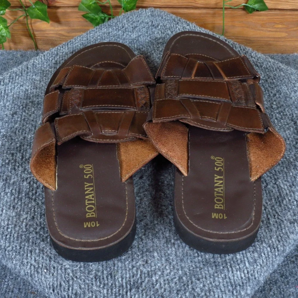Botany 500 Mens Woven Slide Sandals Size 10M Summer Outdoor Brown Leather